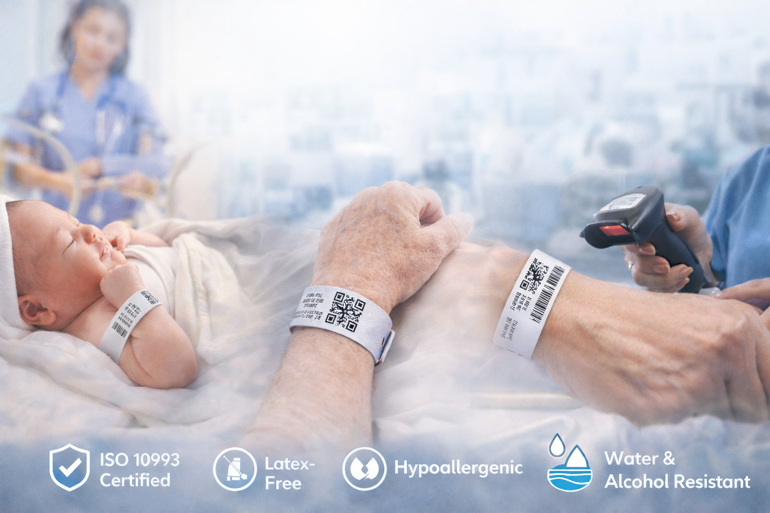 A clinical banner displaying durable medical wristbands with scannable QR codes and barcodes, alongside icons for water and alcohol resistance and skin safety certifications.