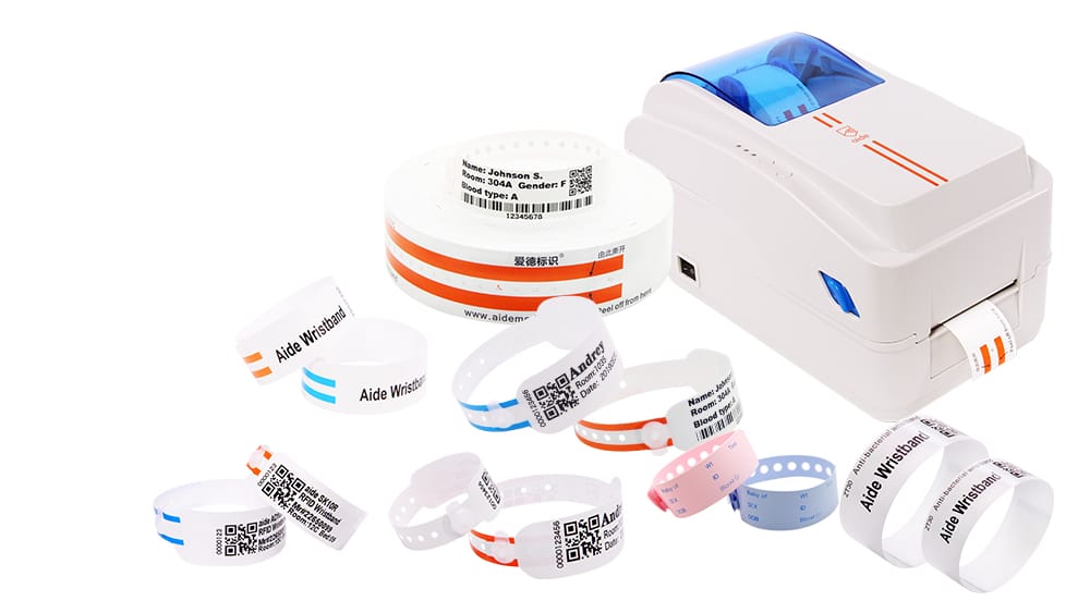Comprehensive medical patient identification solutions including thermal printers and various wristband rolls.