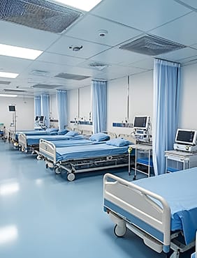 A clean, modern hospital ward with patient beds, ready for integrated RFID patient monitoring systems.