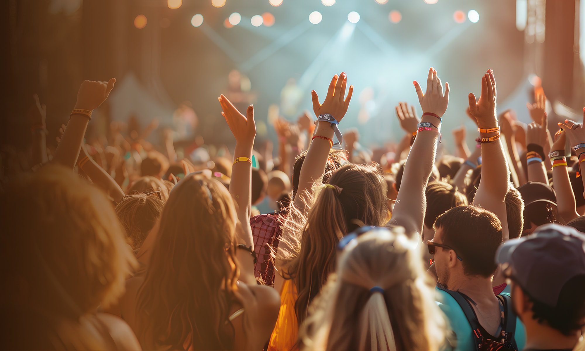 Large crowd at a music festival with raised hands using RFID event wristbands for cashless payment and entry.
