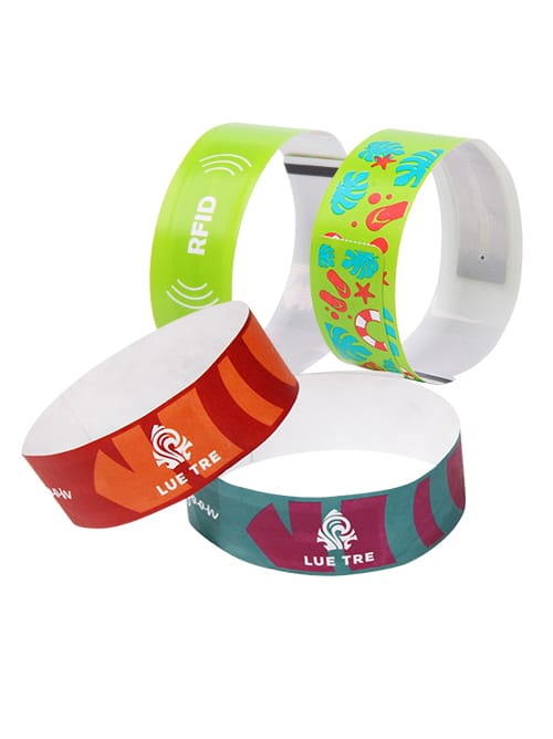 Advanced RFID and NFC wristbands in various colors for cashless payments and smart entry.